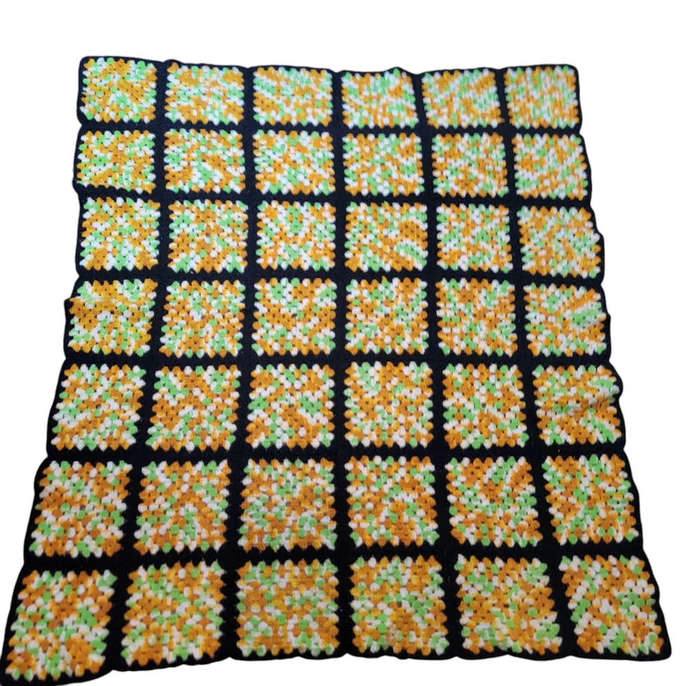 Granny Square Afghan Blanket Black Gold Lime Green White Throw 52